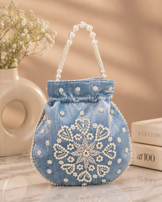 sky blue pearl embroidered potli bag  2