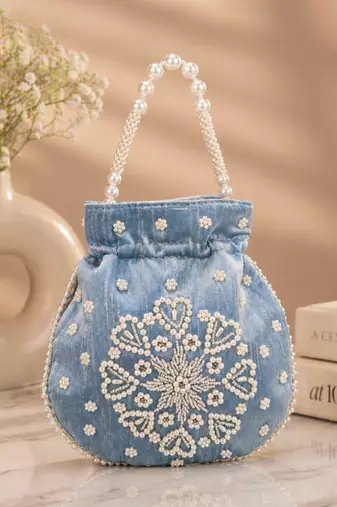 sky blue pearl embroidered potli bag 