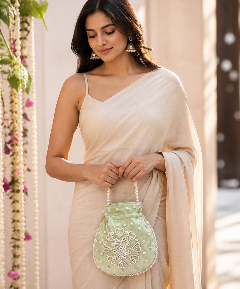 pastel green pearl embroidered potli bag 