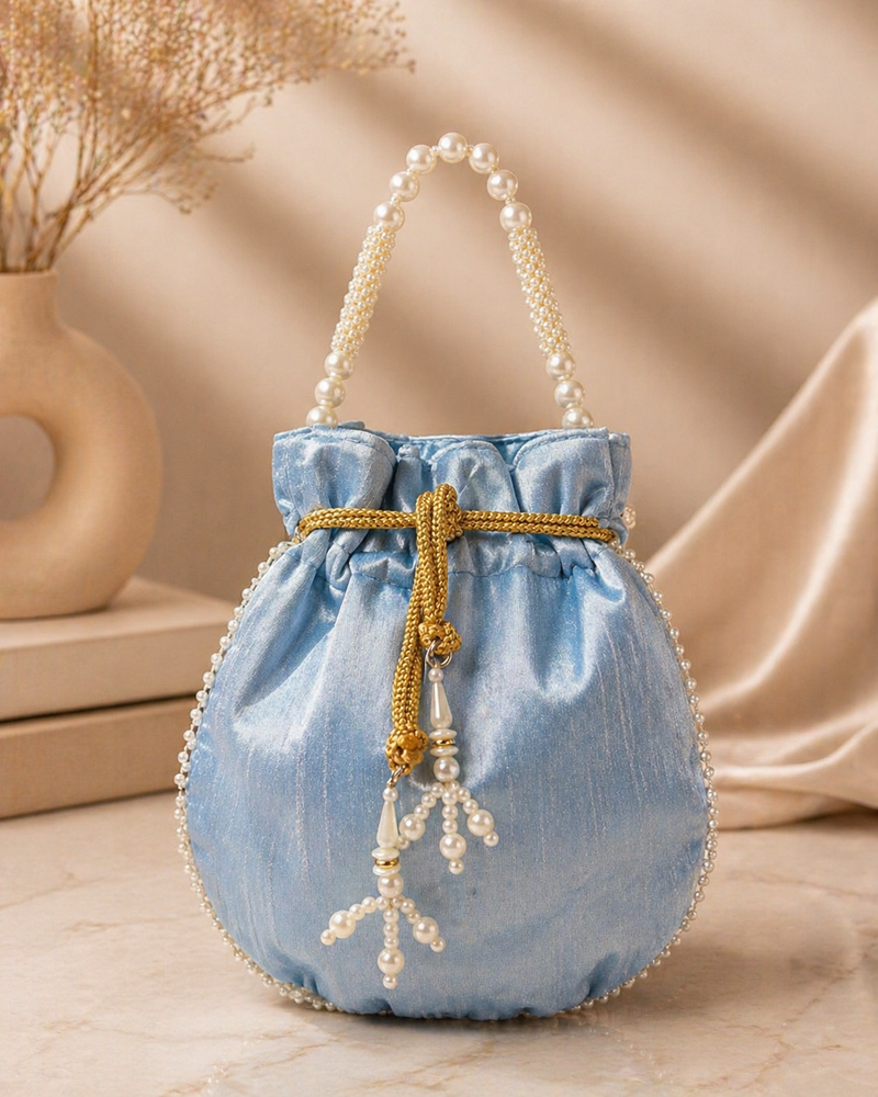 sky blue pearl embroidered potli bag 