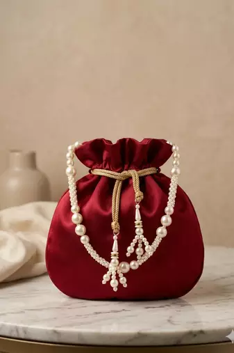 maroon pearl embroidered potli bag 