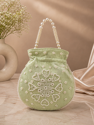 pastel green pearl embroidered potli bag  2