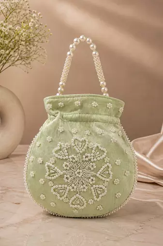 pastel green pearl embroidered potli bag 