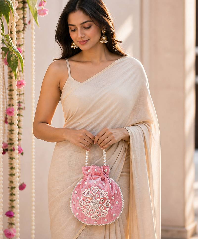 pastel pink pearl embroidered potli bag 