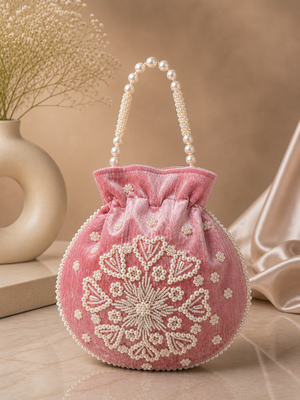 pastel pink pearl embroidered potli bag  2