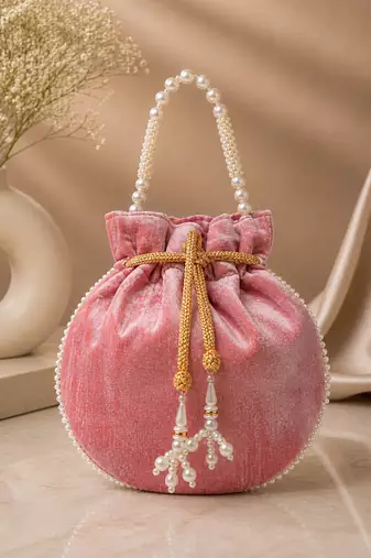 pastel pink pearl embroidered potli bag 