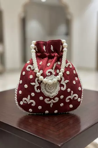 maroon pearl embroidered potli bag