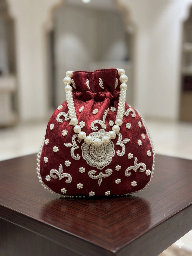 maroon pearl embroidered potli bag
