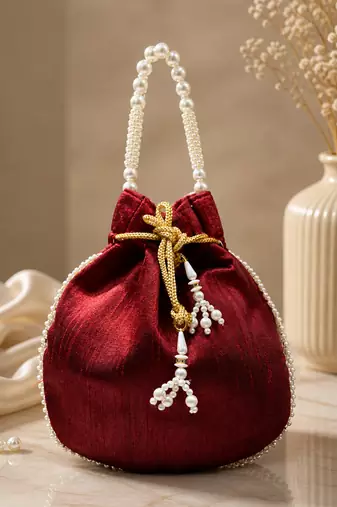 maroon pearl embroidered potli bag