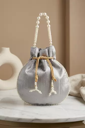grey pearl embroidered potli bag