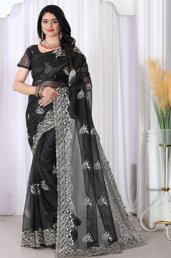 black embroidered net saree with unstitched blouse
