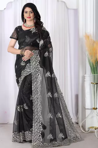 black embroidered net saree with unstitched blouse