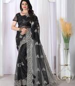 black embroidered net saree with unstitched blouse