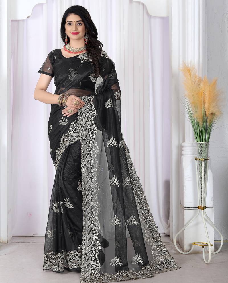 black embroidered net saree with unstitched blouse