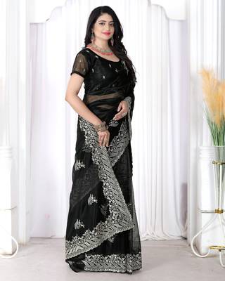 black embroidered net saree with unstitched blouse 2