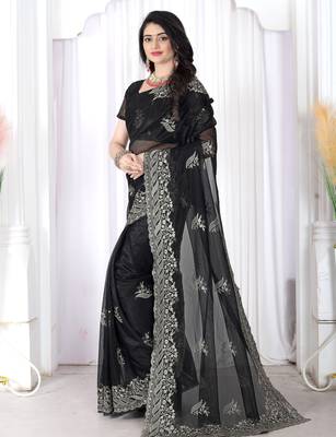 black embroidered net saree with unstitched blouse 3