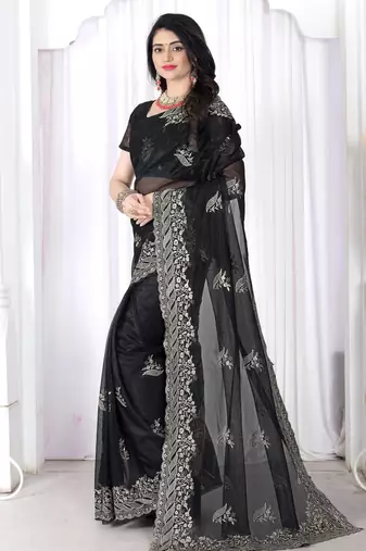 black embroidered net saree with unstitched blouse