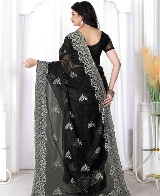 black embroidered net saree with unstitched blouse 4