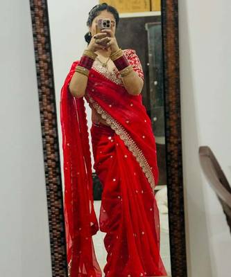 red embroidered georgette saree with unstitched blouse 1