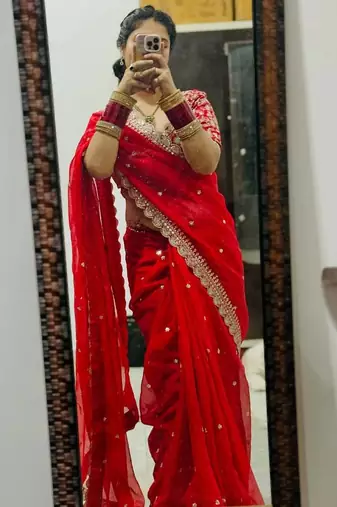 red embroidered georgette saree with unstitched blouse