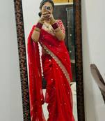 red embroidered georgette saree with unstitched blouse