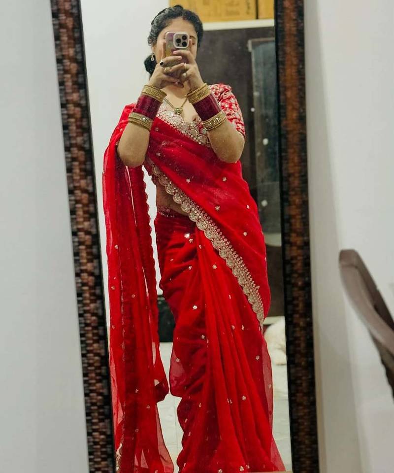 red embroidered georgette saree with unstitched blouse