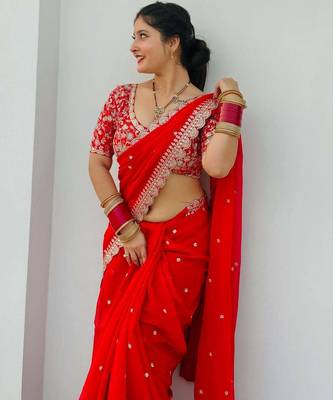 red embroidered georgette saree with unstitched blouse 2