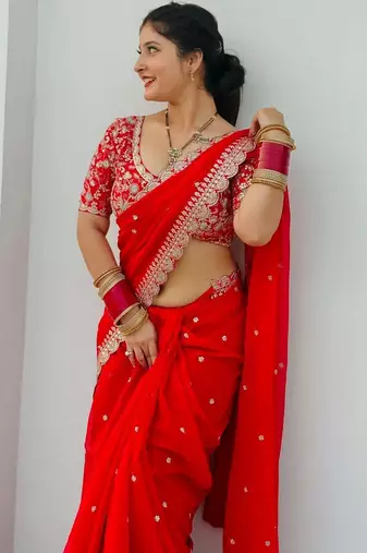 red embroidered georgette saree with unstitched blouse