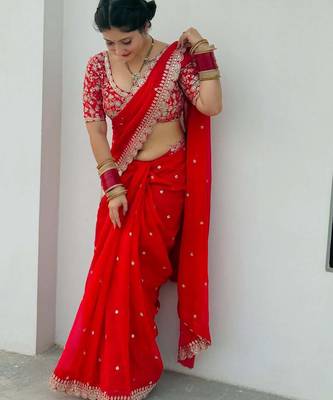 red embroidered georgette saree with unstitched blouse 3