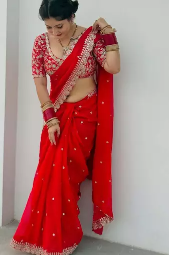 red embroidered georgette saree with unstitched blouse
