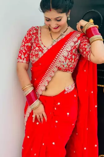 red embroidered georgette saree with unstitched blouse