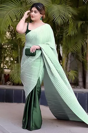 green ombre chinnon saree with unstitched blouse