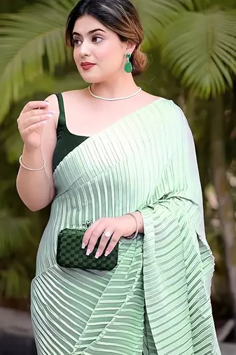 green ombre chinnon saree with unstitched blouse