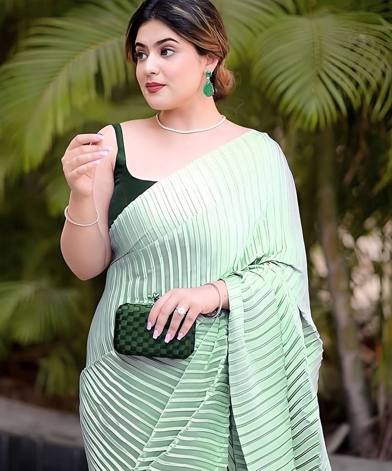 green ombre chinnon saree with unstitched blouse