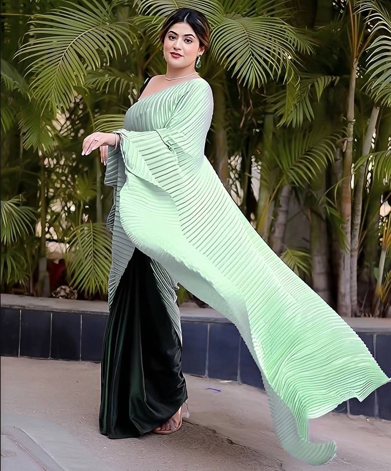 green ombre chinnon saree with unstitched blouse