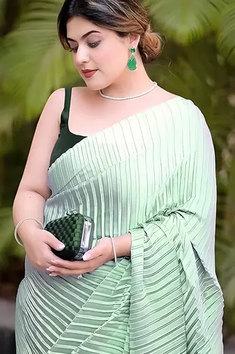 green ombre chinnon saree with unstitched blouse