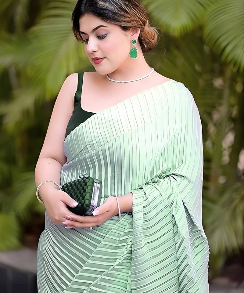 green ombre chinnon saree with unstitched blouse