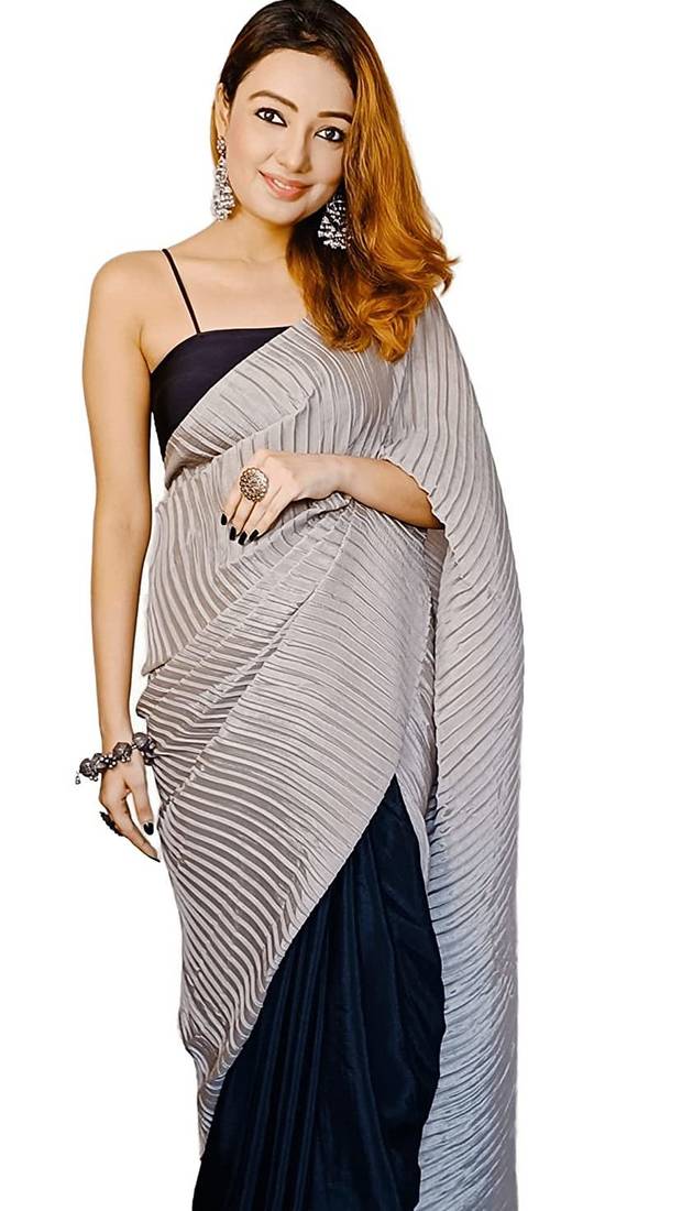 grey ombre chinnon saree with unstitched blouse