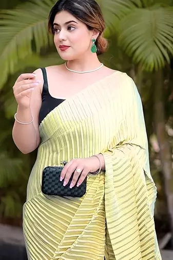 yellow ombre chinnon saree with unstitched blouse