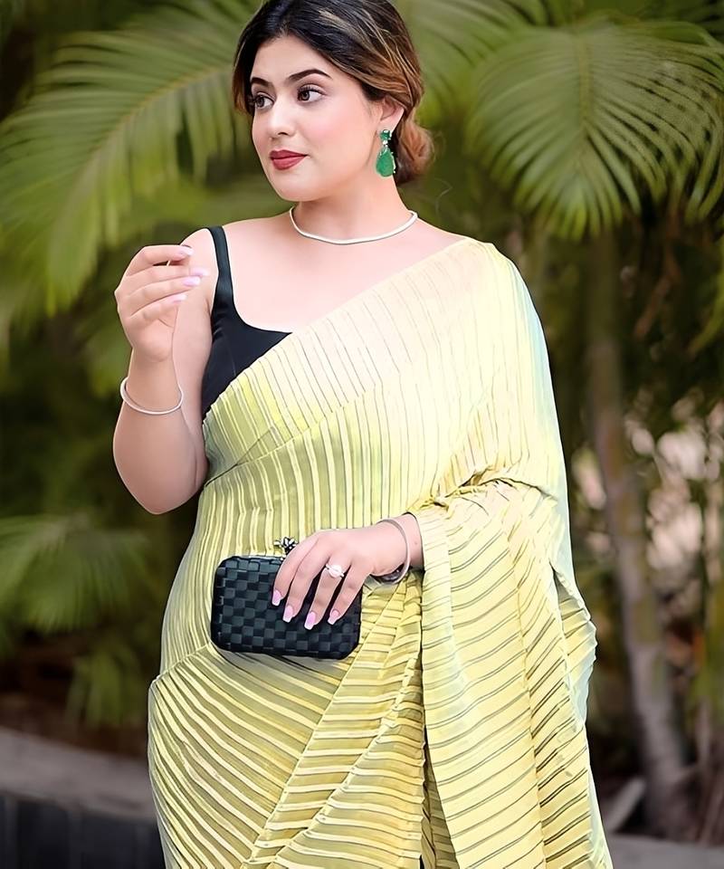 yellow ombre chinnon saree with unstitched blouse