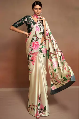 beige digital print satin saree with unstitched blouse