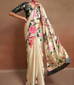 beige digital print satin saree with unstitched blouse