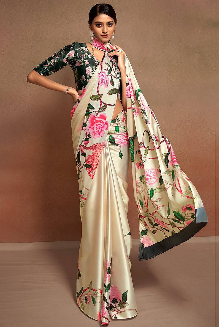 beige digital print satin saree with unstitched blouse