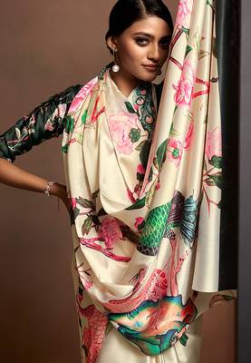 beige digital print satin saree with unstitched blouse 2