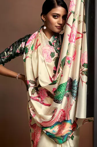 beige digital print satin saree with unstitched blouse