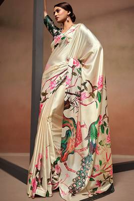 beige digital print satin saree with unstitched blouse 3