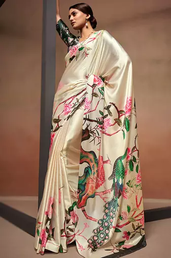 beige digital print satin saree with unstitched blouse