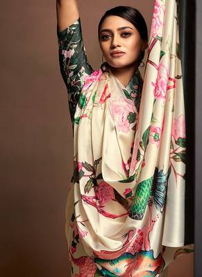 beige digital print satin saree with unstitched blouse 4