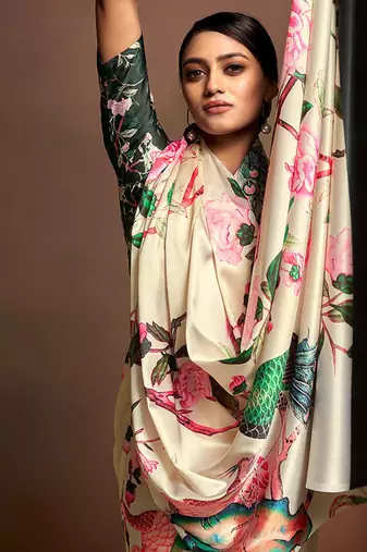 beige digital print satin saree with unstitched blouse