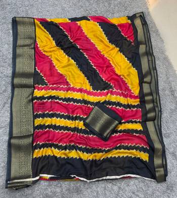 yellow striped georgette saree with unstitched blouse 1